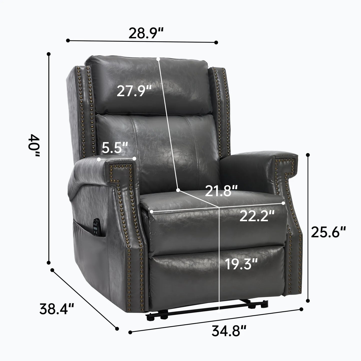 Gray recliner chair with nailhead trim and dimensions labeled on a white background