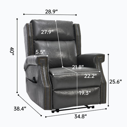 Gray recliner chair with nailhead trim and dimensions labeled on a white background