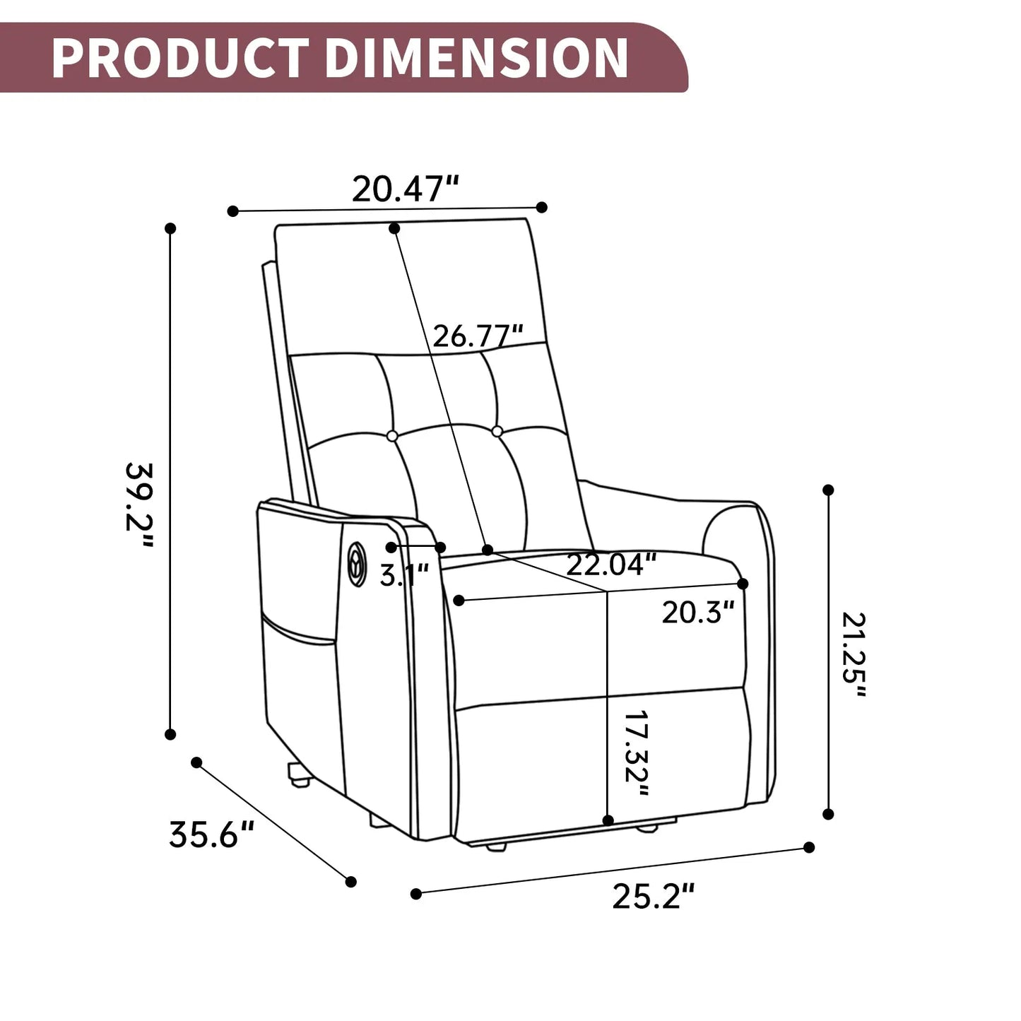 Dimensions of a recliner chair with labeled measurements on a white background