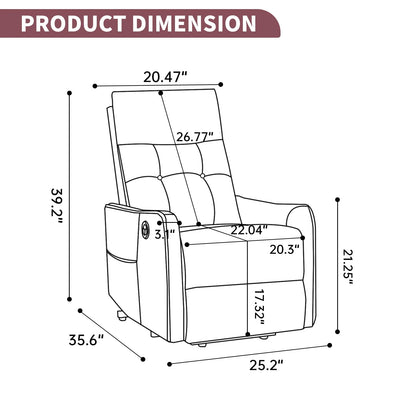 Dimensions of a recliner chair with labeled measurements on a white background
