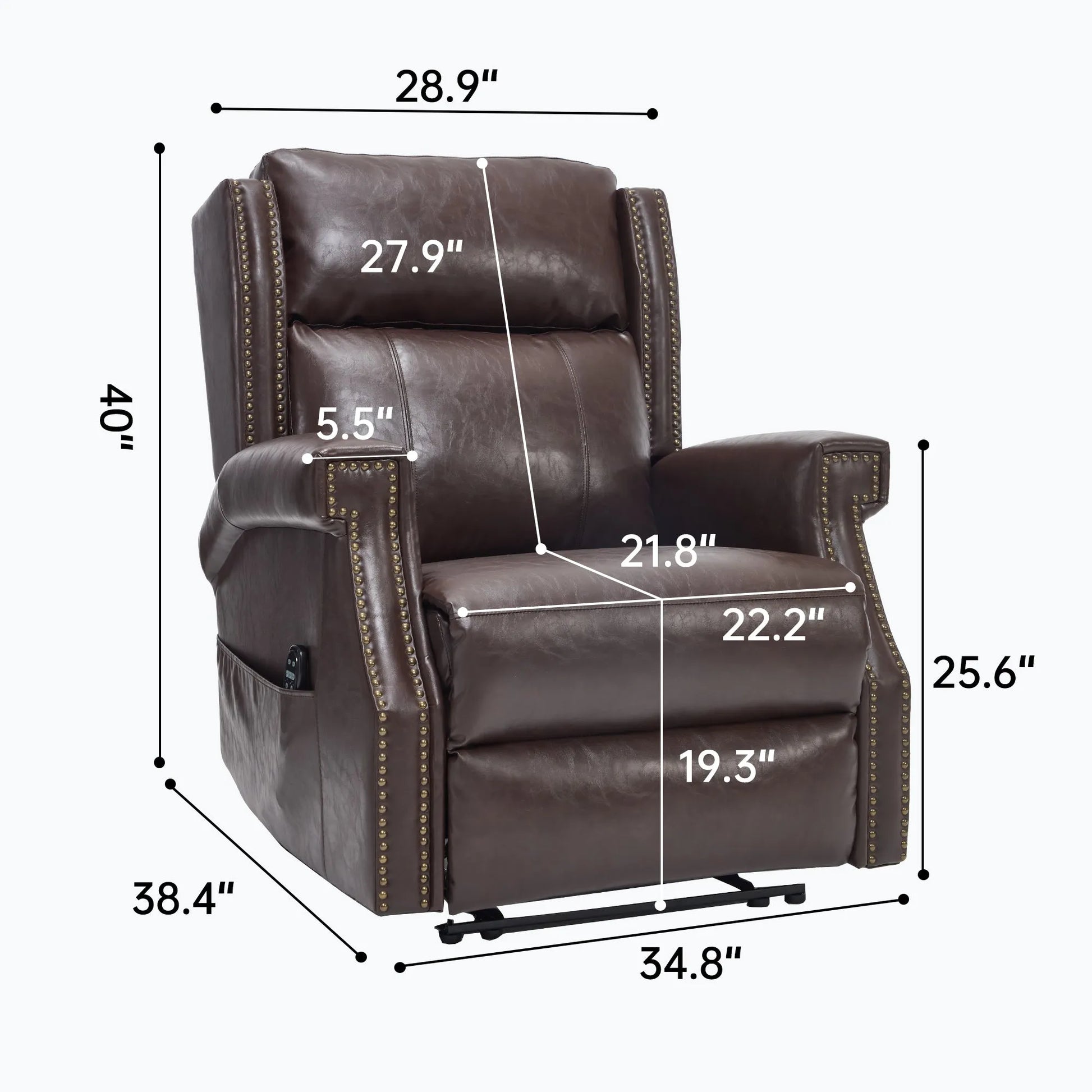 Brown leather recliner chair with dimensions labeled on a white background
