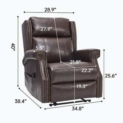 Brown leather recliner chair with dimensions labeled on a white background