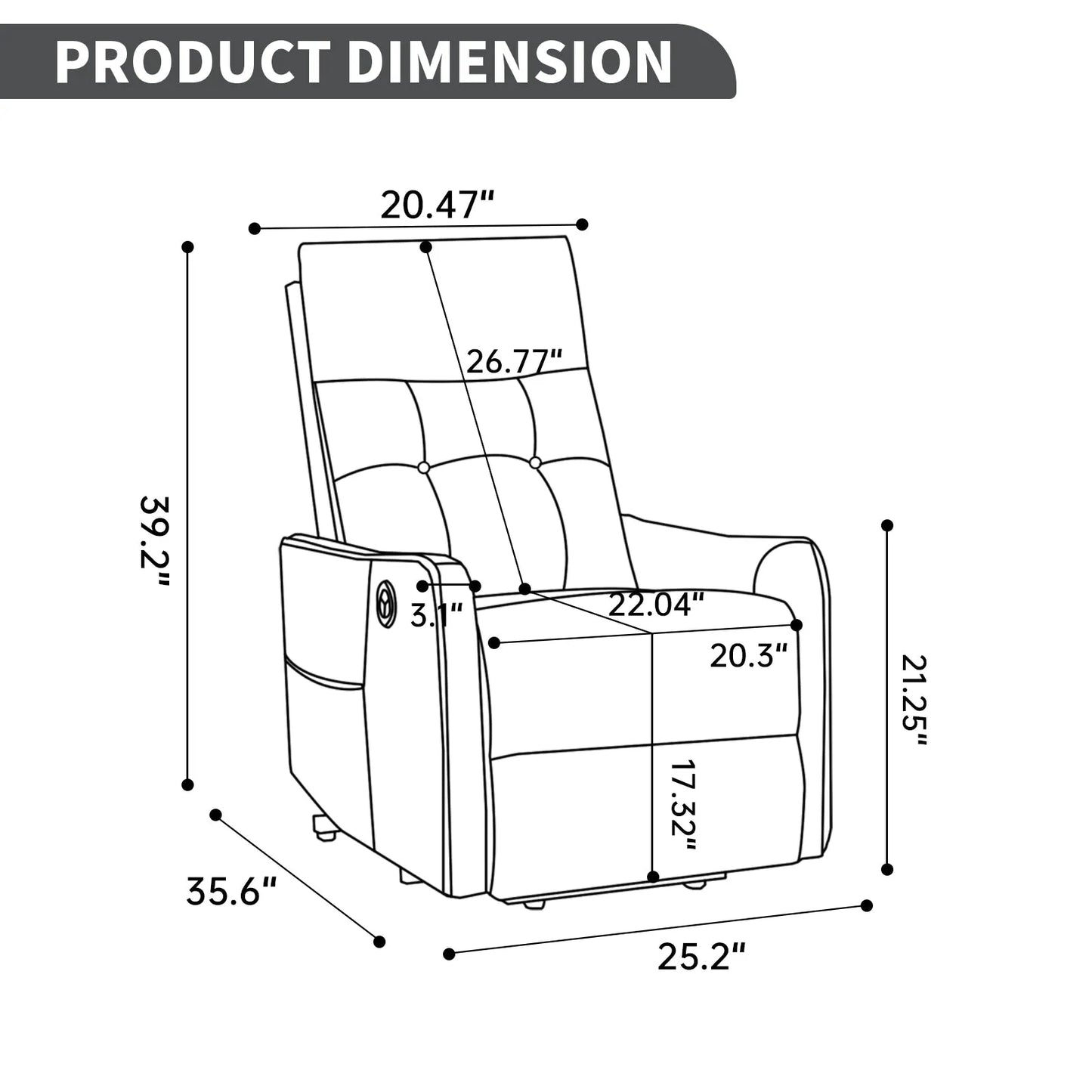 Dimensions of a recliner chair with measurements in inches.