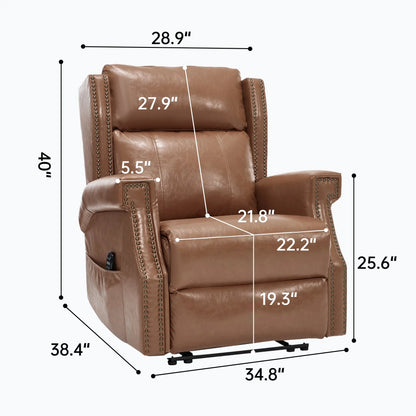 Brown leather recliner chair with dimensions labeled on a white background