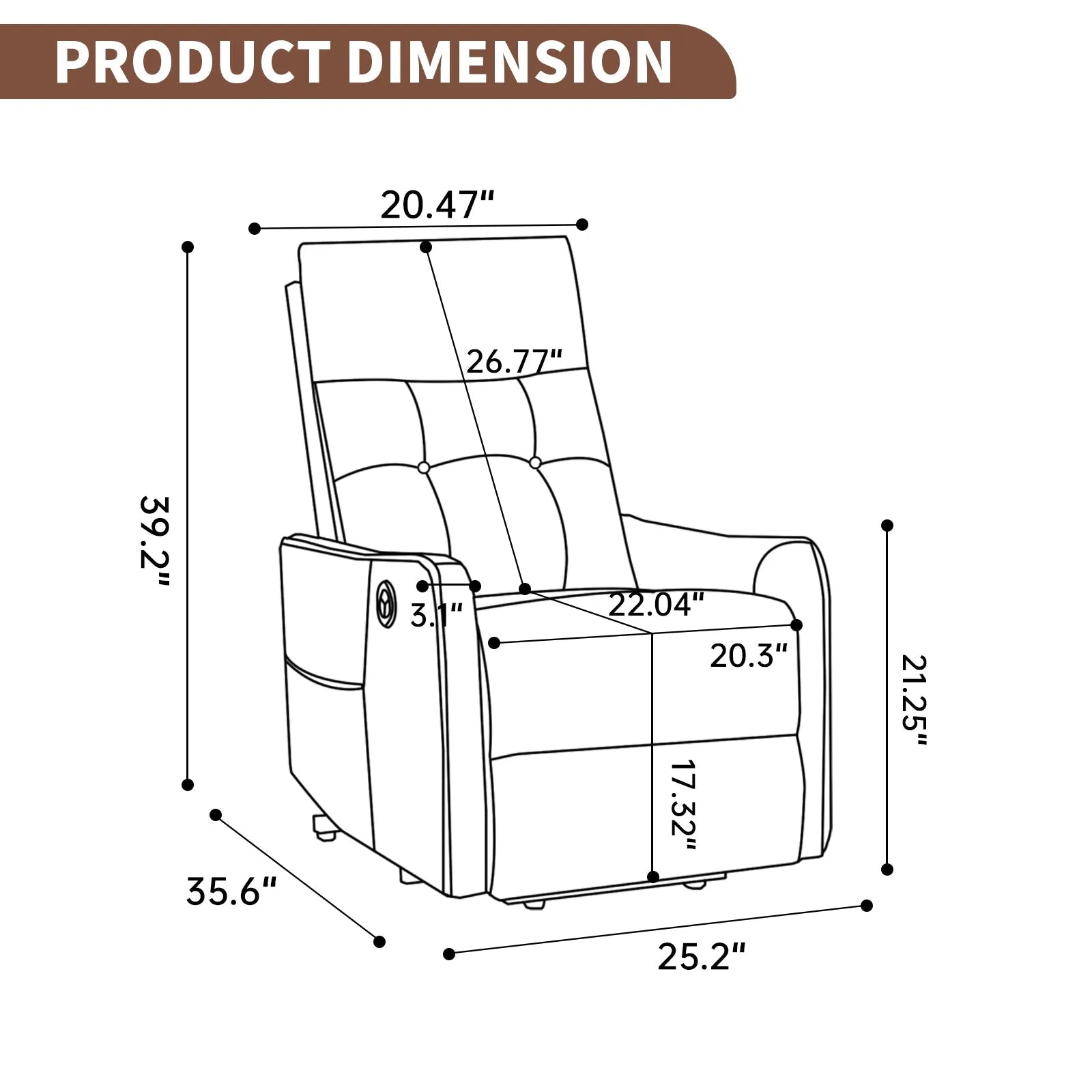 Dimensions of a recliner chair with measurements in inches.