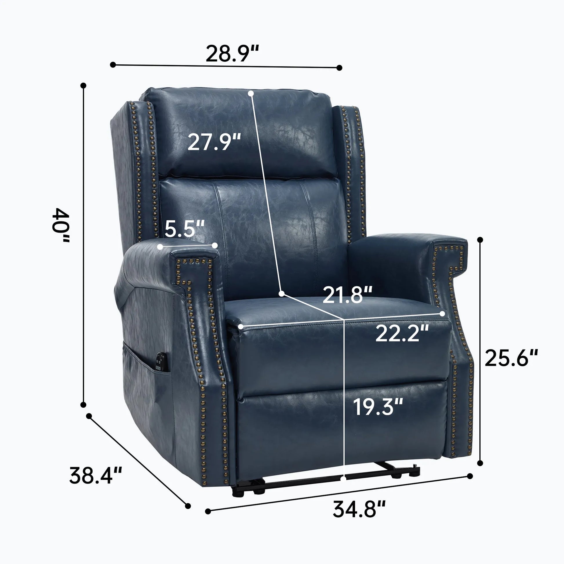 Blue recliner chair with dimensions labeled on a white background