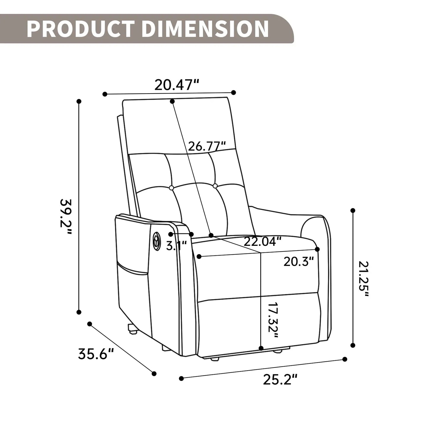 Dimensions of a recliner chair with labeled measurements on a white background