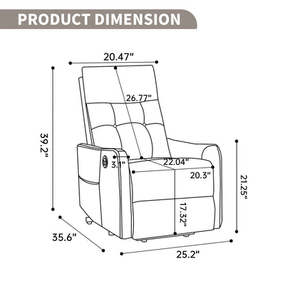 Dimensions of a recliner chair with labeled measurements on a white background