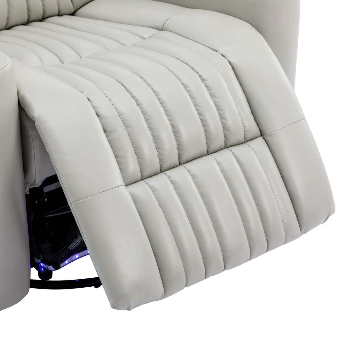 Gray recliner chair footrest with visible stitching on a white background
