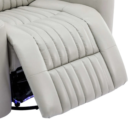Gray recliner chair footrest with visible stitching on a white background