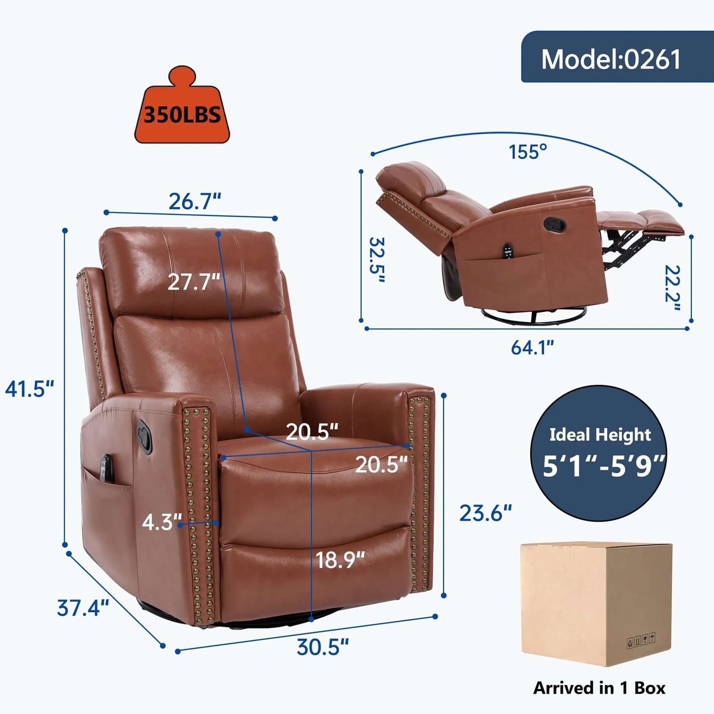 Brown recliner chair with dimensions and weight capacity details on a white background