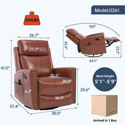 Brown recliner chair with dimensions and weight capacity details on a white background