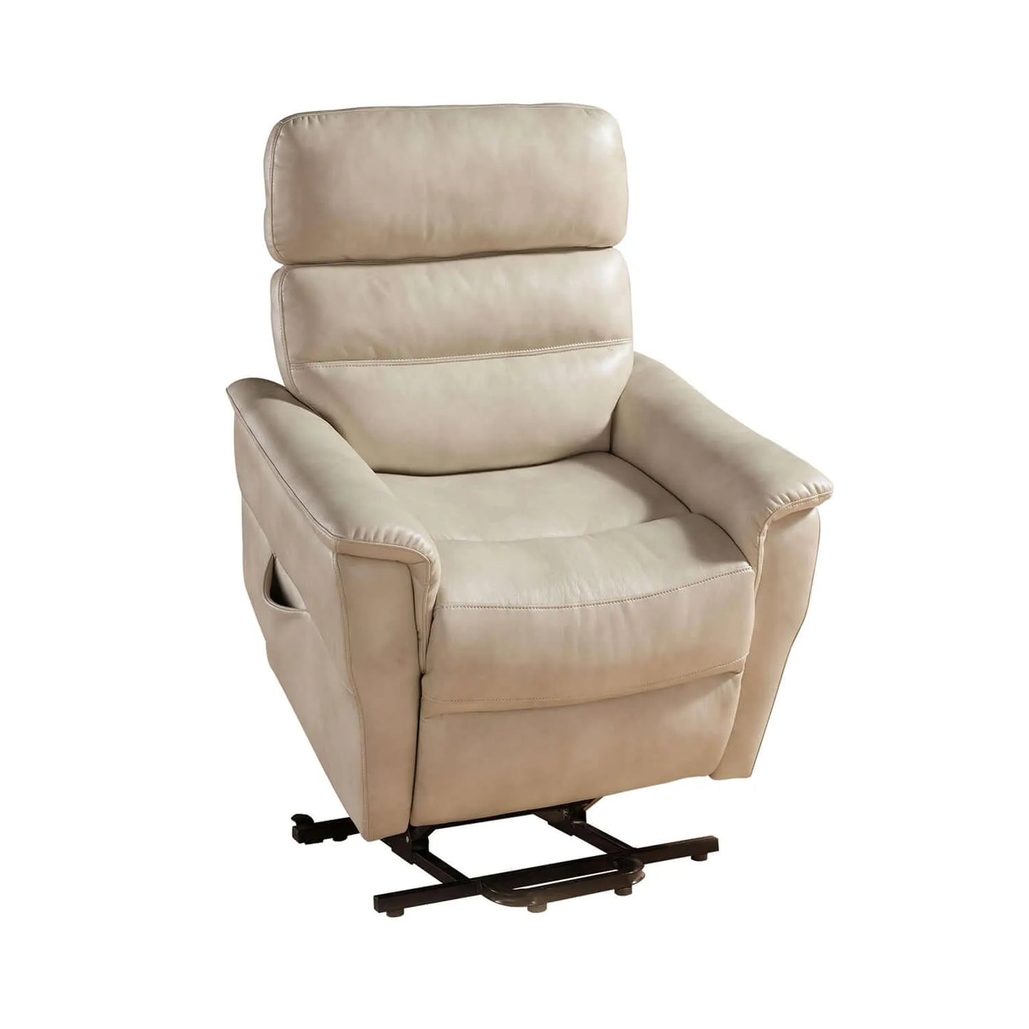 Cream color recliner lift chair in a lift position on a white background