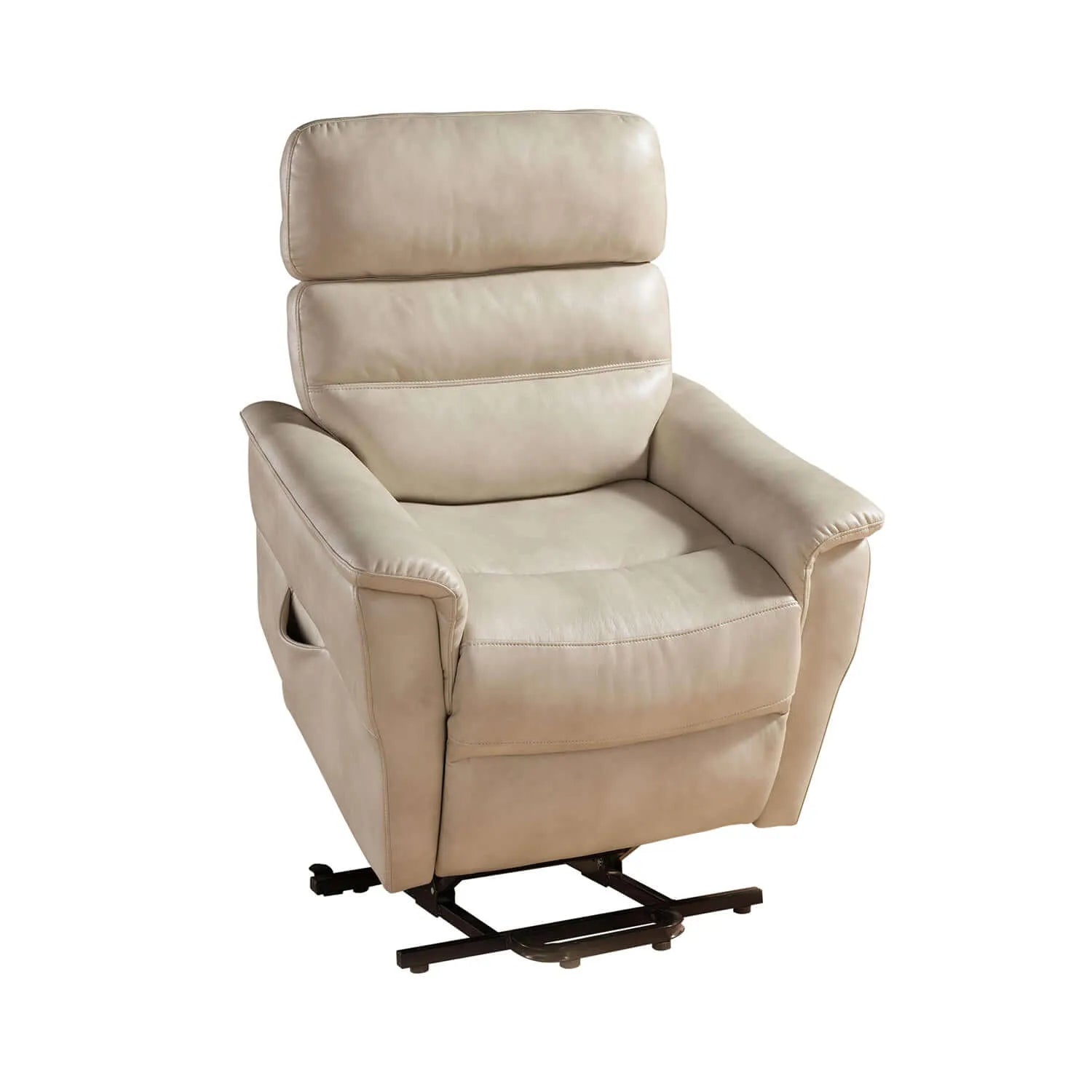 Cream color recliner lift chair in a lift position on a white background