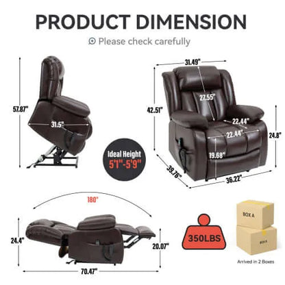 Dimensions of a brown recliner chair with measurements and product details.