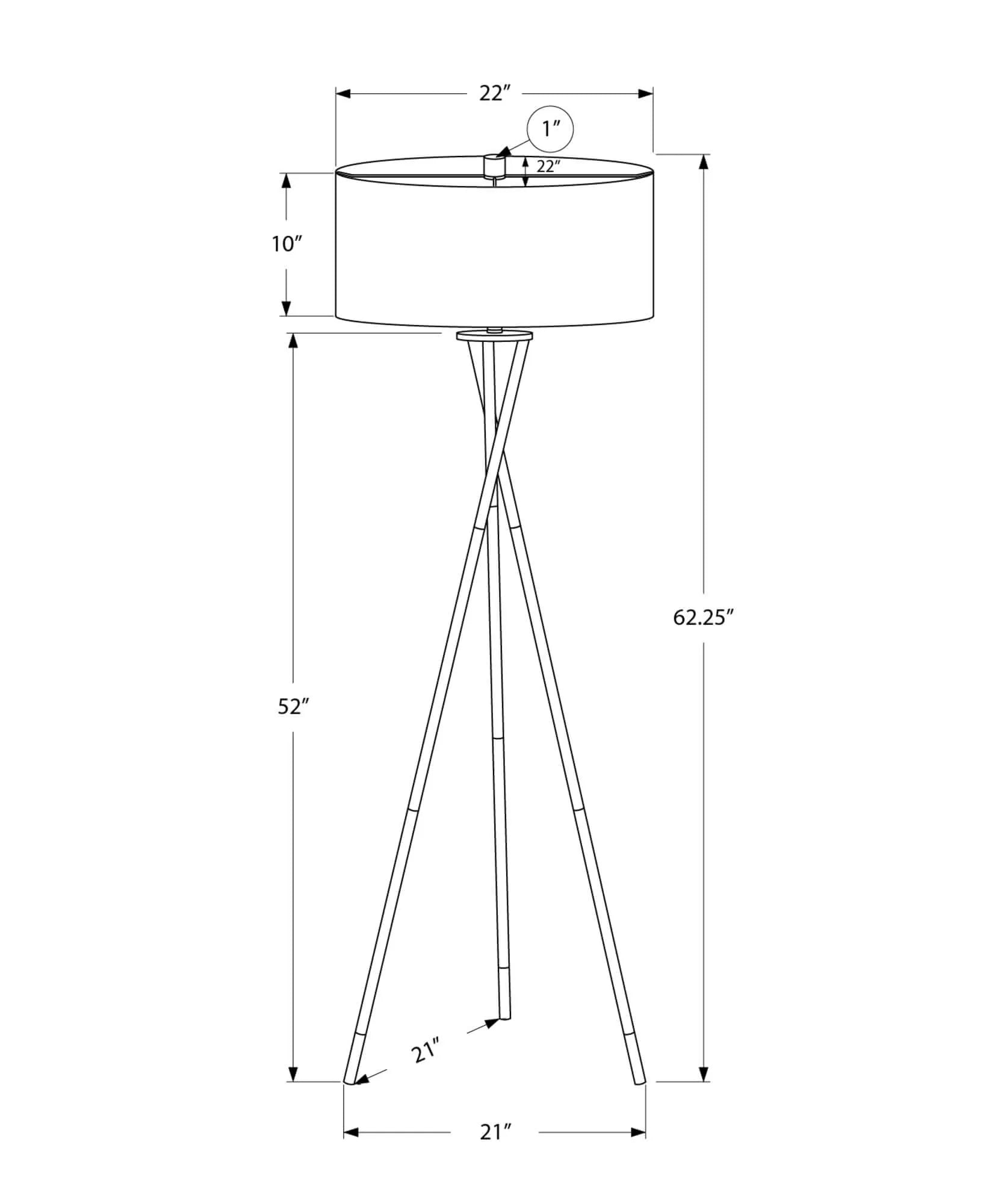 Technical drawing of a tripod floor lamp with dimensions