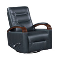 Right angle view of a navy blue faux leather swivel glider recliner chair with wooden armrests on a white background