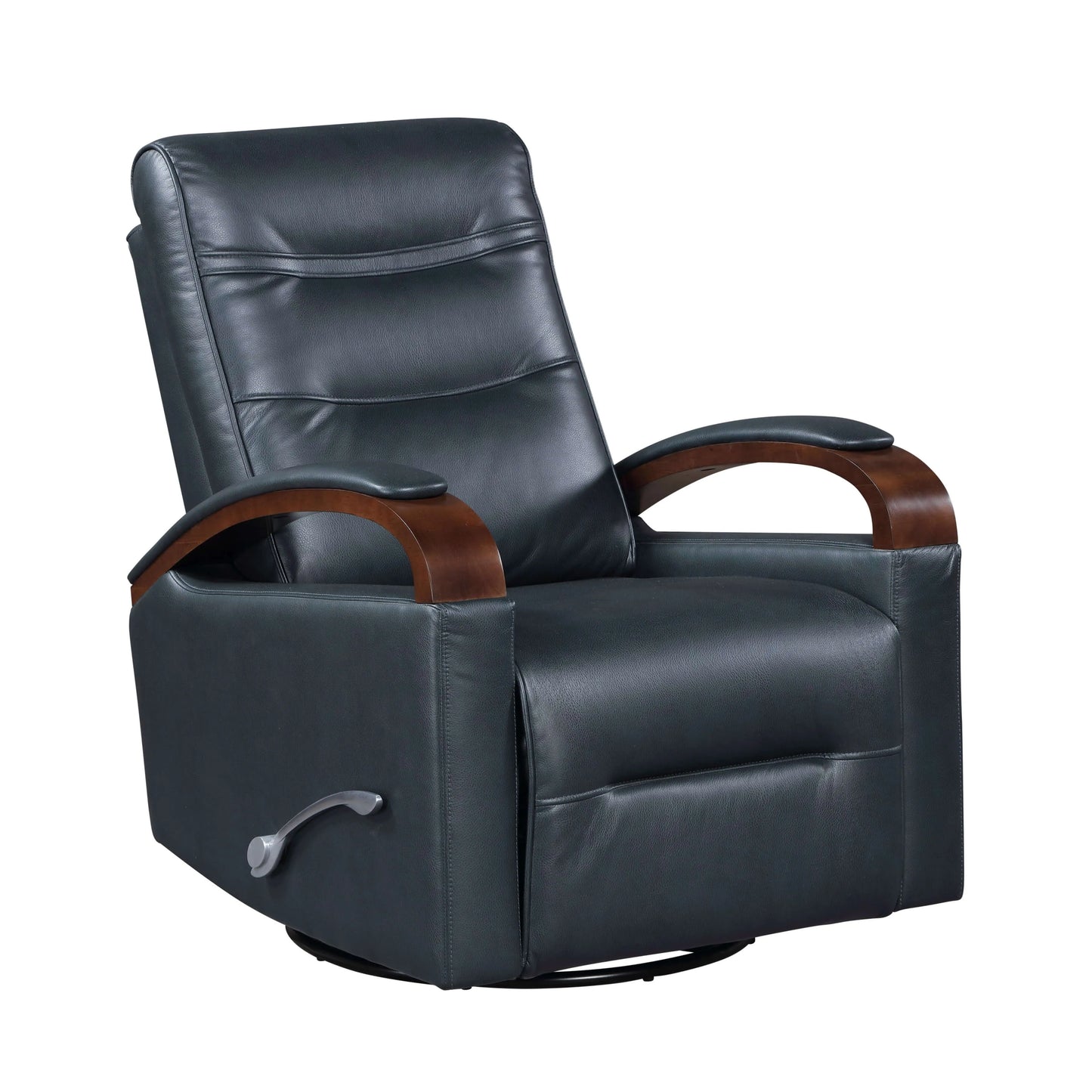 Right angle view of a navy blue faux leather swivel glider recliner chair with wooden armrests on a white background