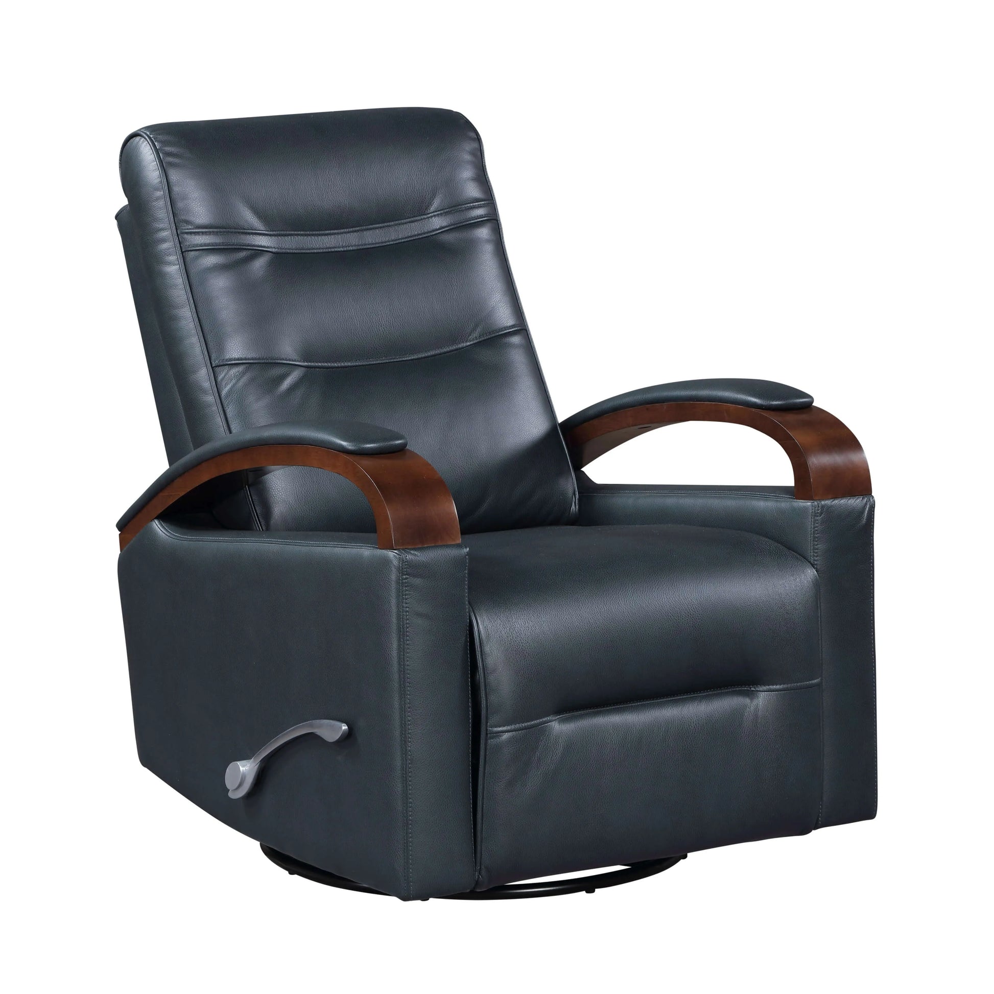 Right angle view of a navy blue faux leather swivel glider recliner chair with wooden armrests on a white background