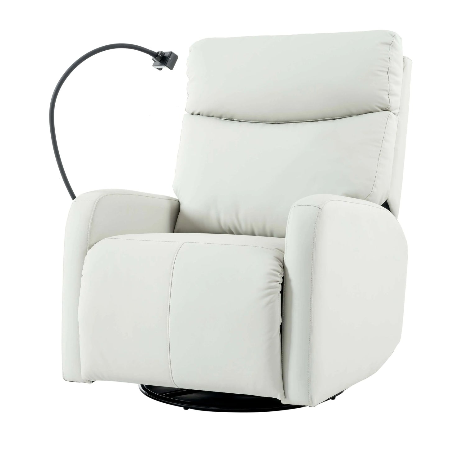 Angled front view of a light gray recliner chair with a phone holder on a white background