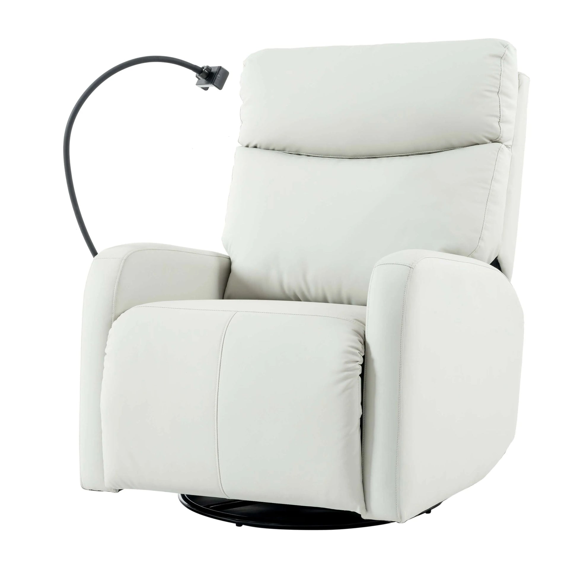 Angled front view of a light gray recliner chair with a phone holder on a white background