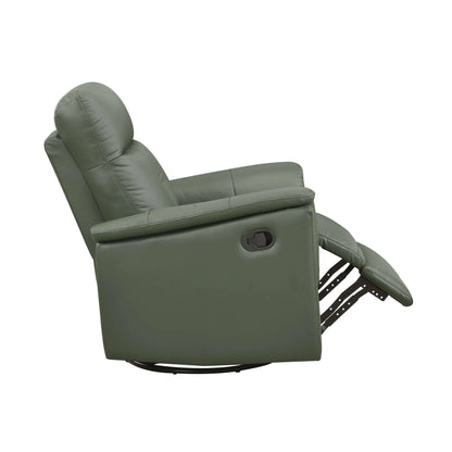 Side view of a green leather swivel glider recliner chair with reclining tab and footrest opened on a white background
