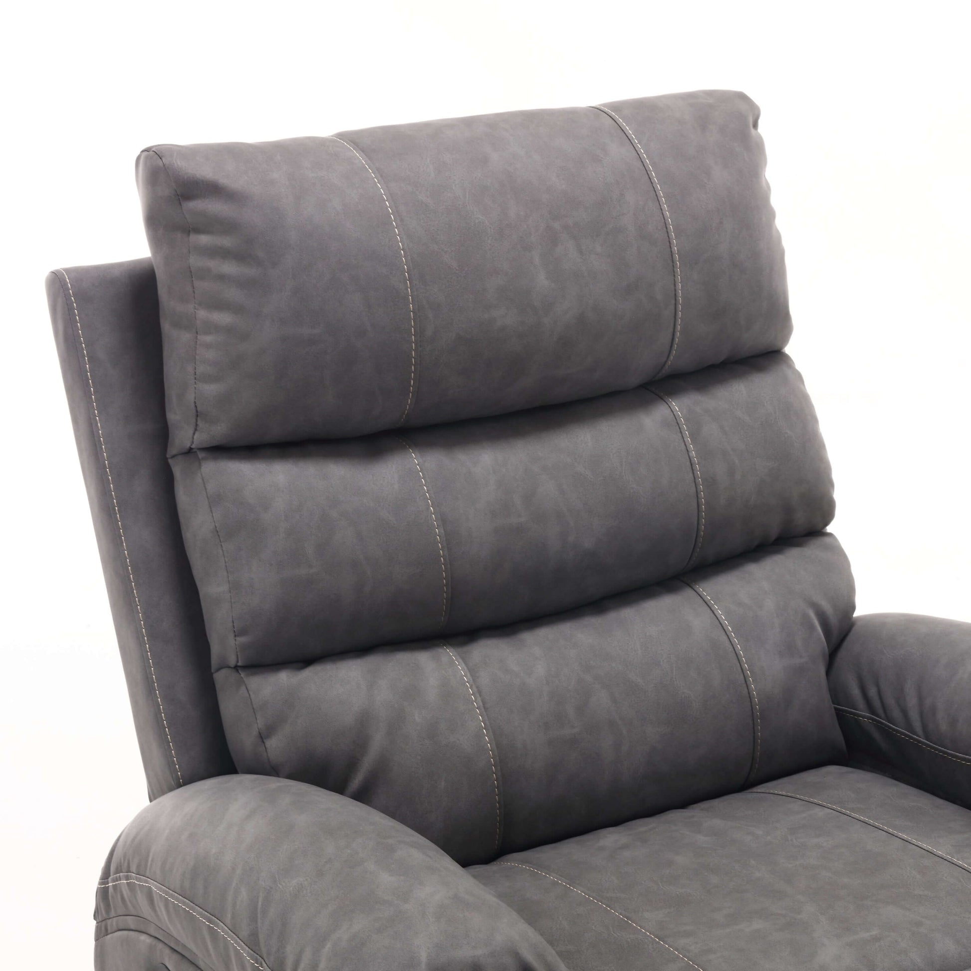 Gray faux leather power lift recliner chair with plush back cushions and detailed stitching on a white background