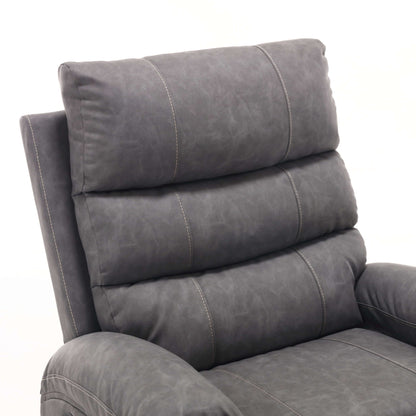 Gray faux leather power lift recliner chair with plush back cushions and detailed stitching on a white background