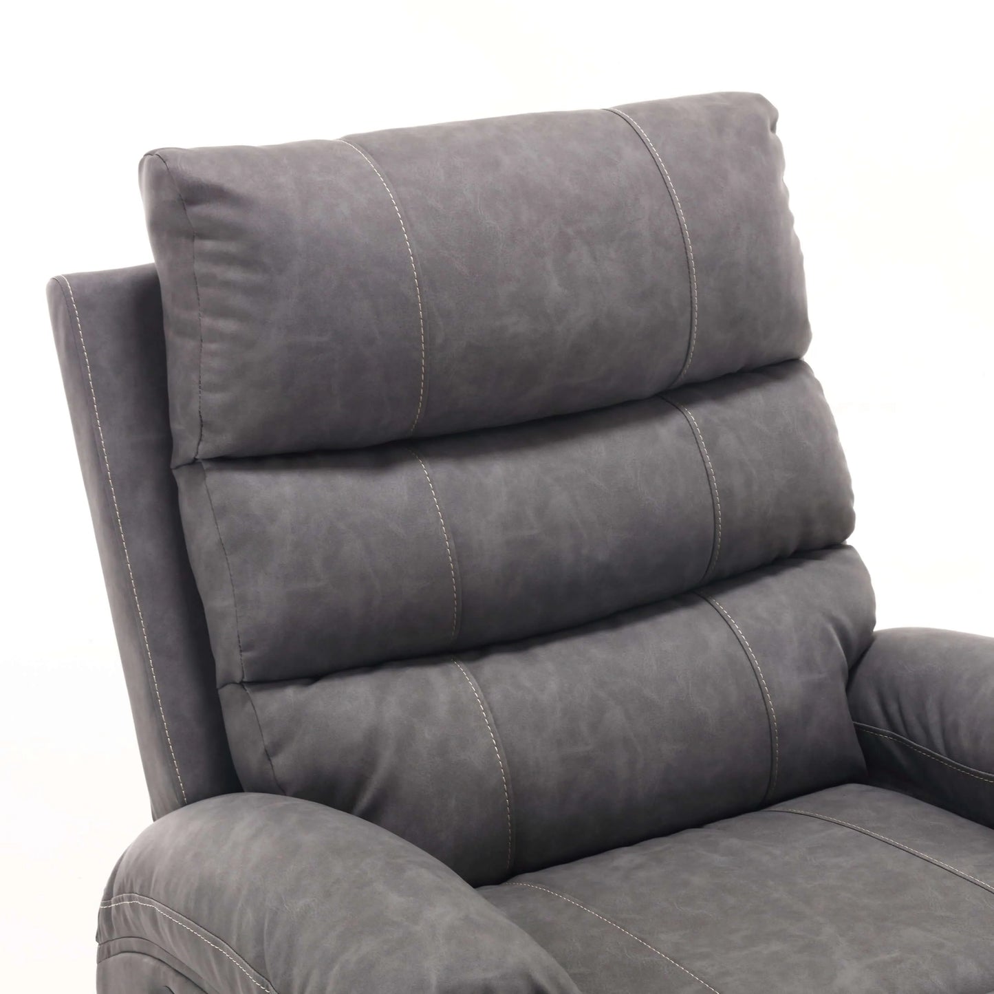 Gray faux leather power lift recliner chair with plush back cushions and detailed stitching on a white background
