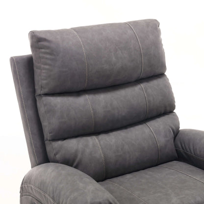 Gray faux leather power lift recliner chair with plush back cushions and detailed stitching on a white background
