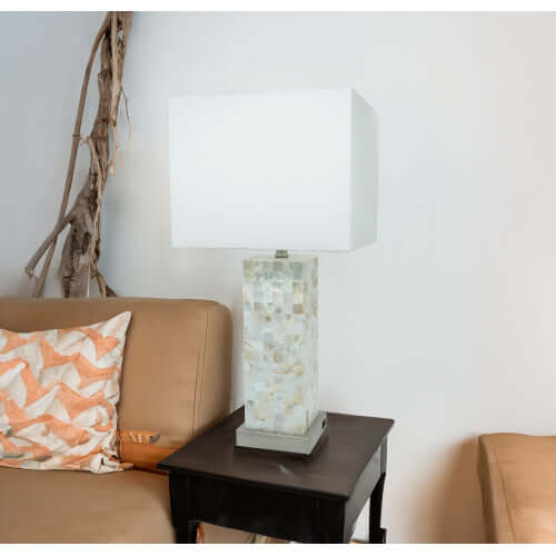Modern Mosaic White Table Lamp with Chrome Base & Soft Light
