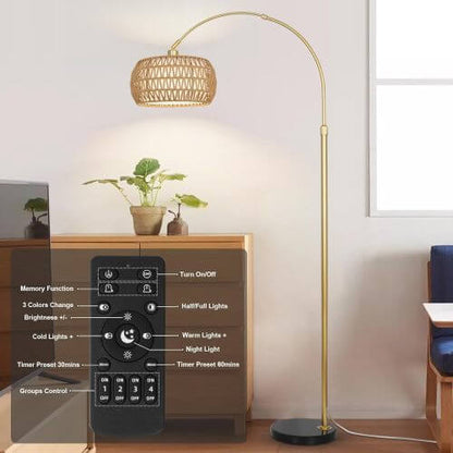 Boho Arc Floor Lamp with Remote, Dimmable LED & Rattan Shade – Gold