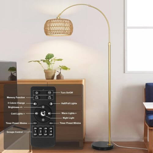 Boho Arc Floor Lamp with Remote, Dimmable LED & Rattan Shade – Gold