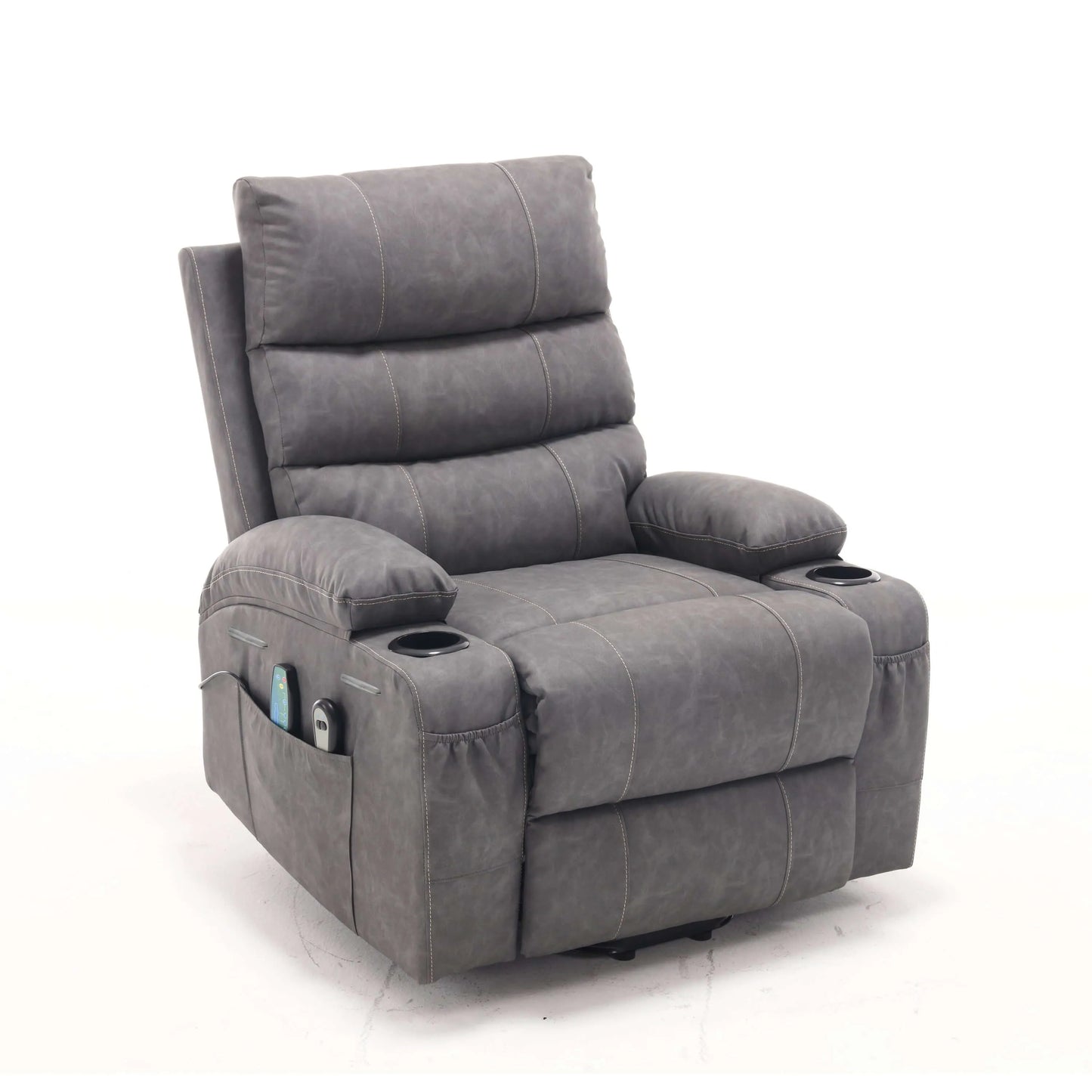 Gray faux leather power lift recliner chair with cup holders and storage pocket on a white background