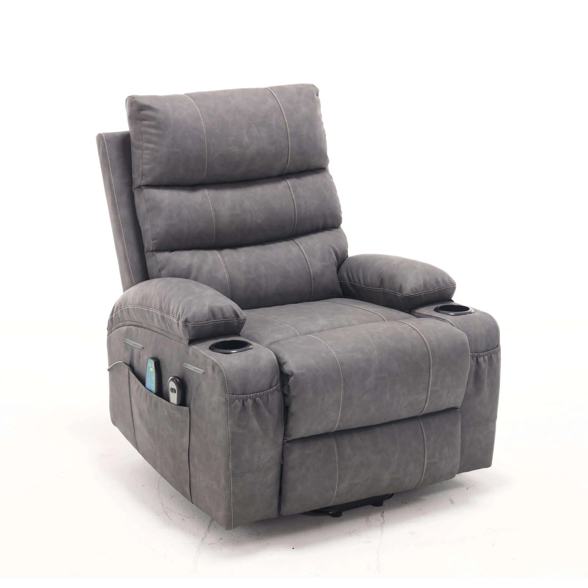 Gray faux leather power lift recliner chair with cup holders and storage pocket on a white background