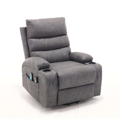 Gray faux leather power lift recliner chair with cup holders and storage pocket on a white background