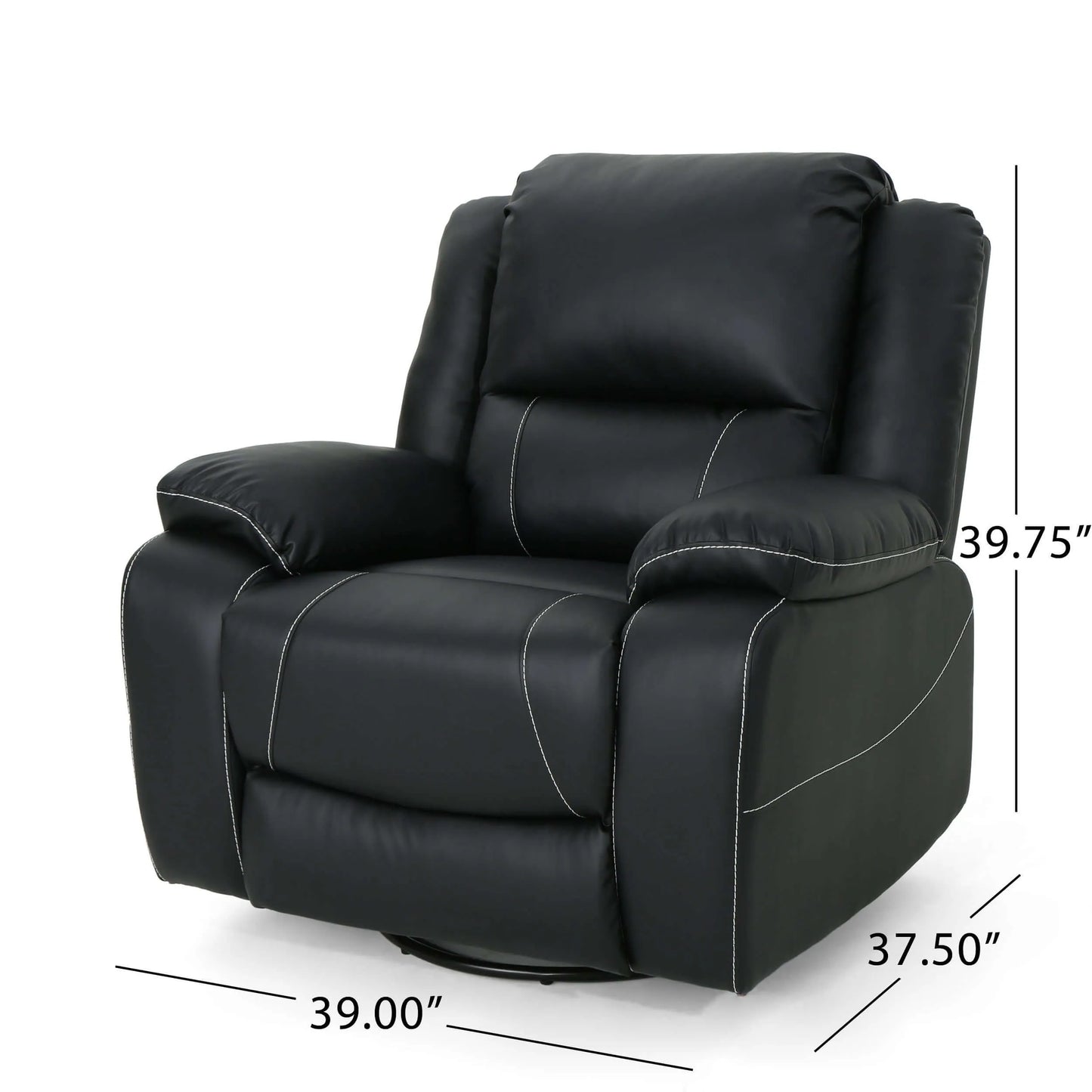 Modern dark gray Faux Leather Manual Swivel Recliner with dimensions on a white background.