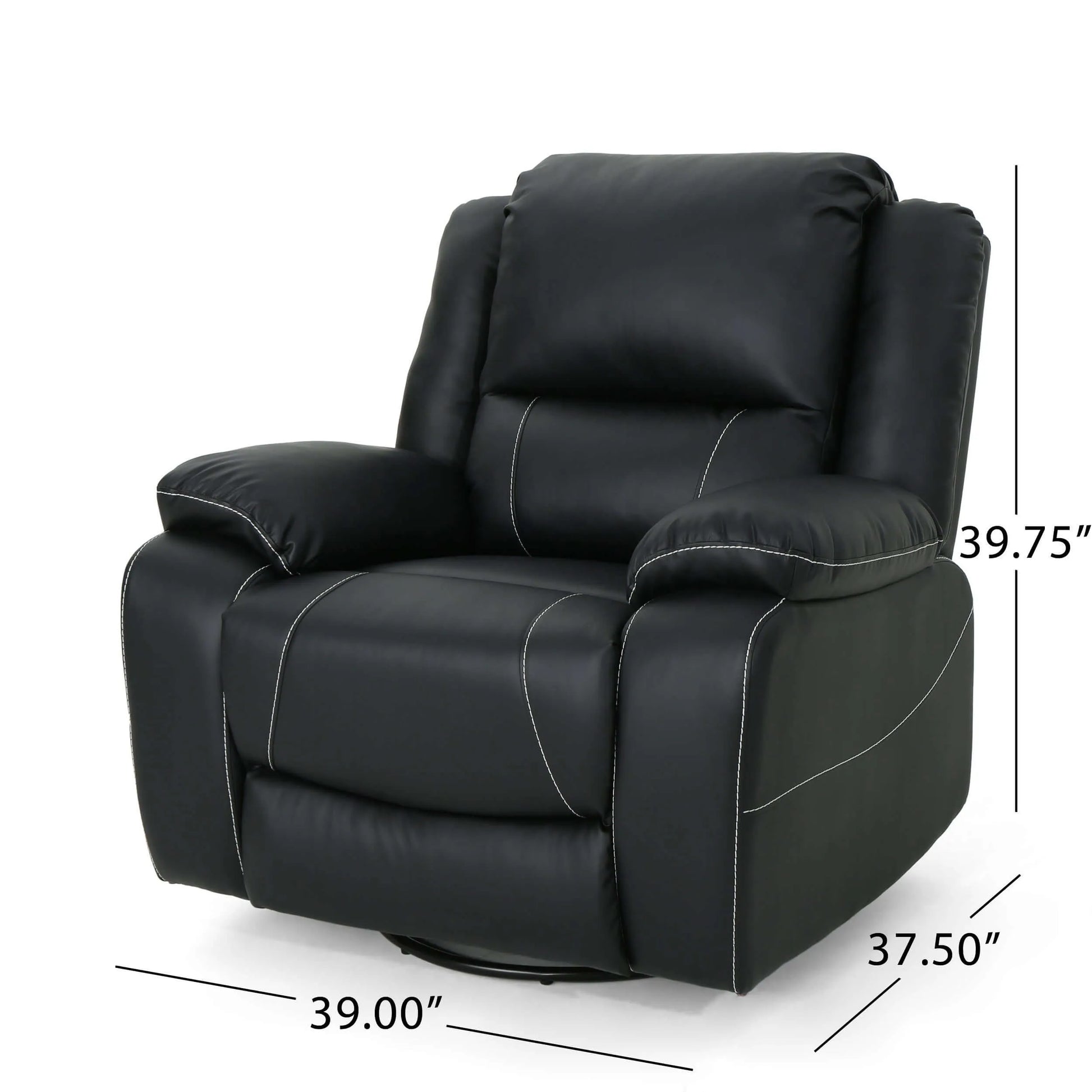 Modern dark gray Faux Leather Manual Swivel Recliner with dimensions on a white background.