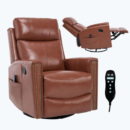 Brown leather recliner chair with remote control on a white background