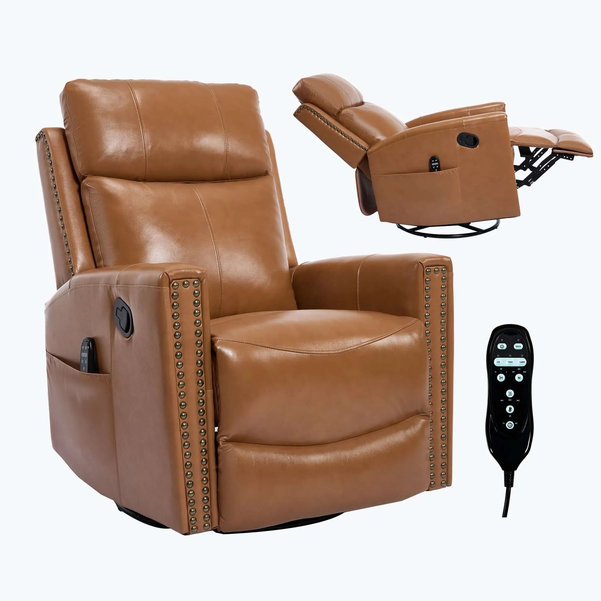 Brown leather recliner chair with remote control on a white background