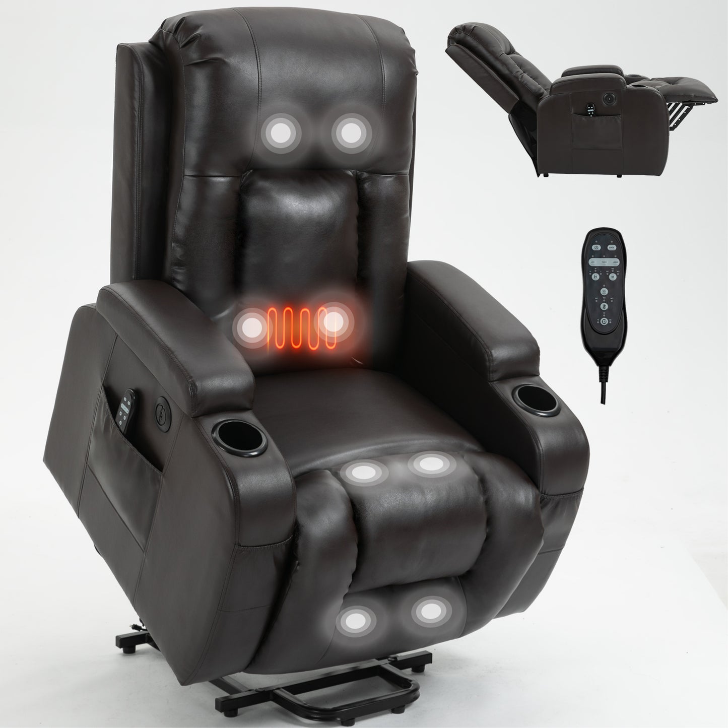 350 LB Power Lift Recliner w/ Massage, Heat, USB & Cup Holders-Brown