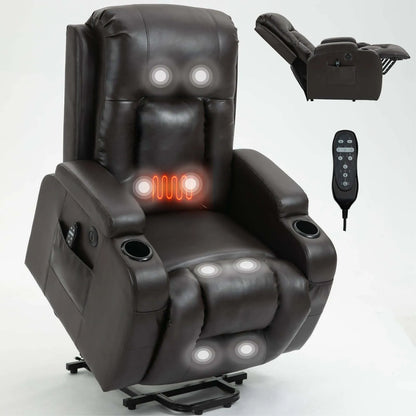 Dark brown leather massage chair with massage lights and remote control on a white background