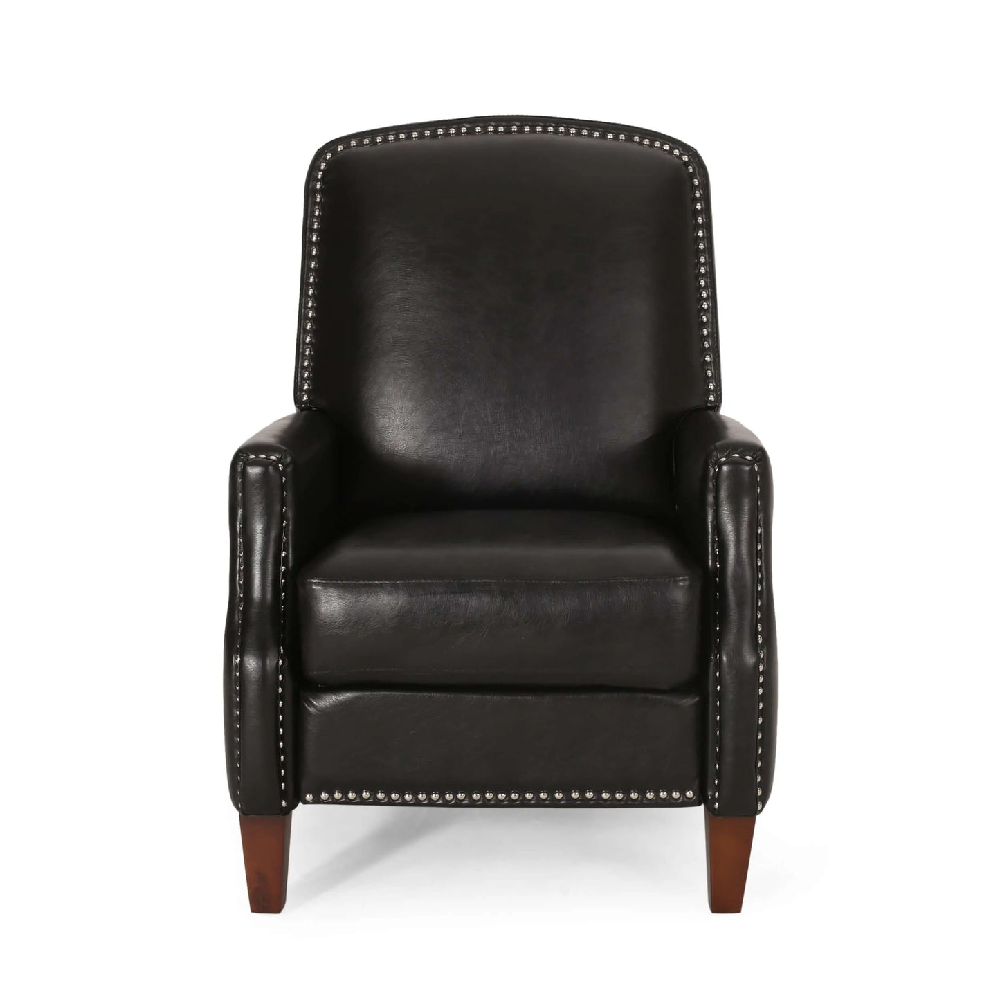 Front view of a black leather recliner chair with nailhead trim and wooden legs on a white background