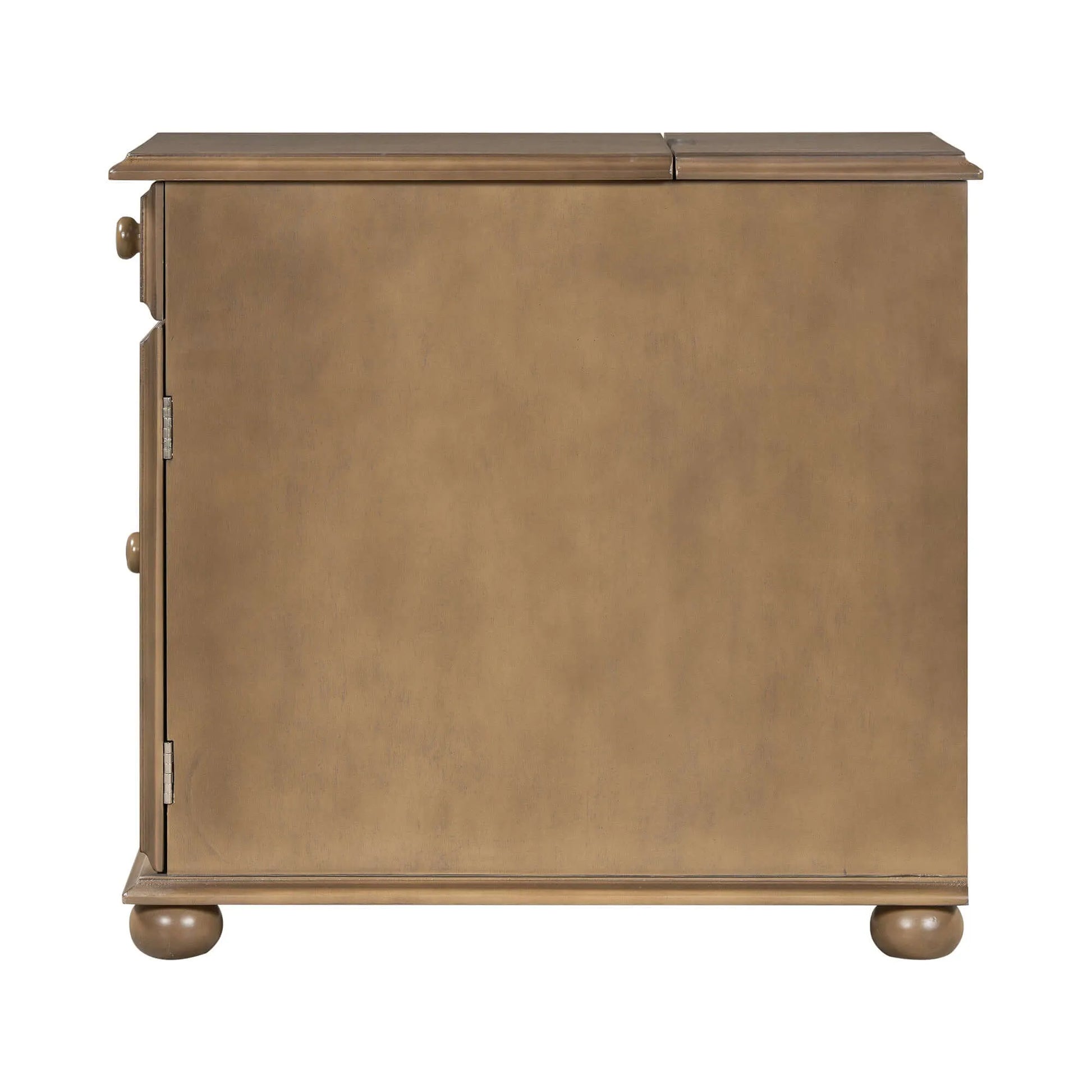 Side view of wooden end table with round legs on a white background