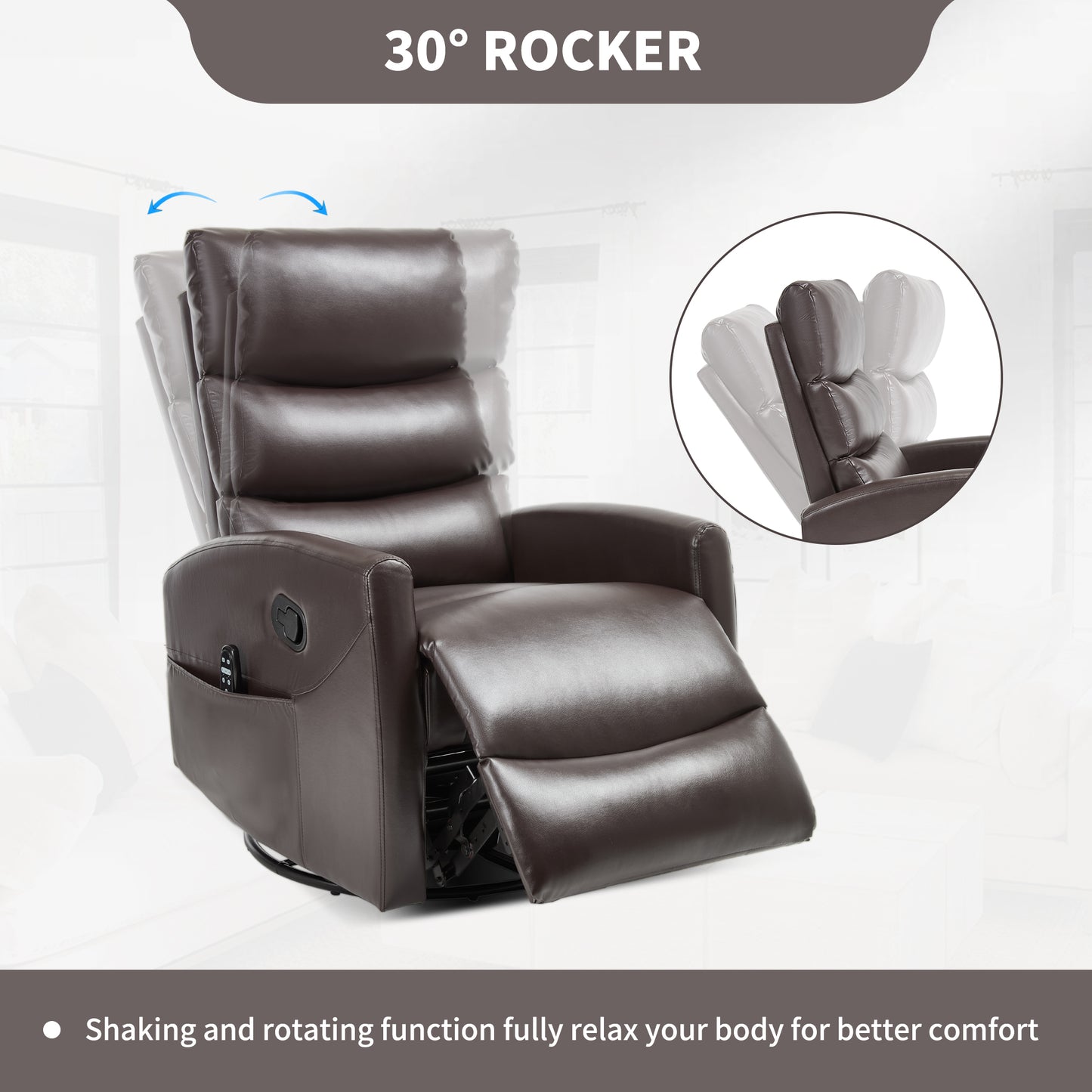 Brown recliner chair with rocking and relaxing features on a white background