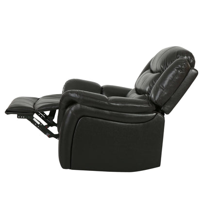 Left side view of a black faux leather glider recliner chair on a white background