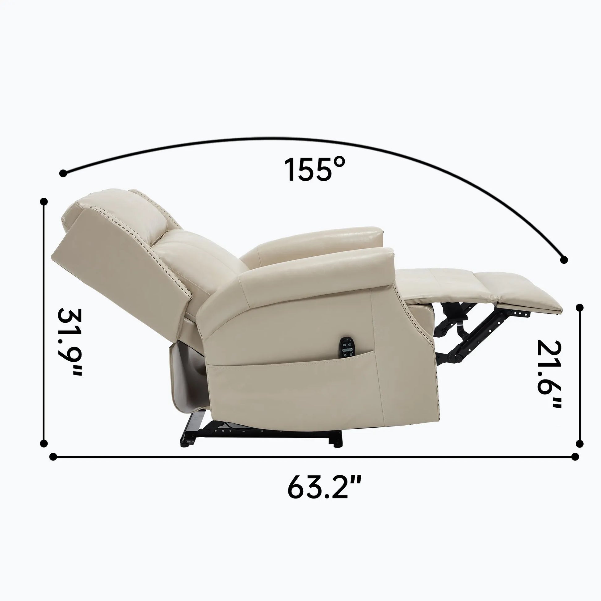 Beige recliner chair with dimensions labeled on a white background