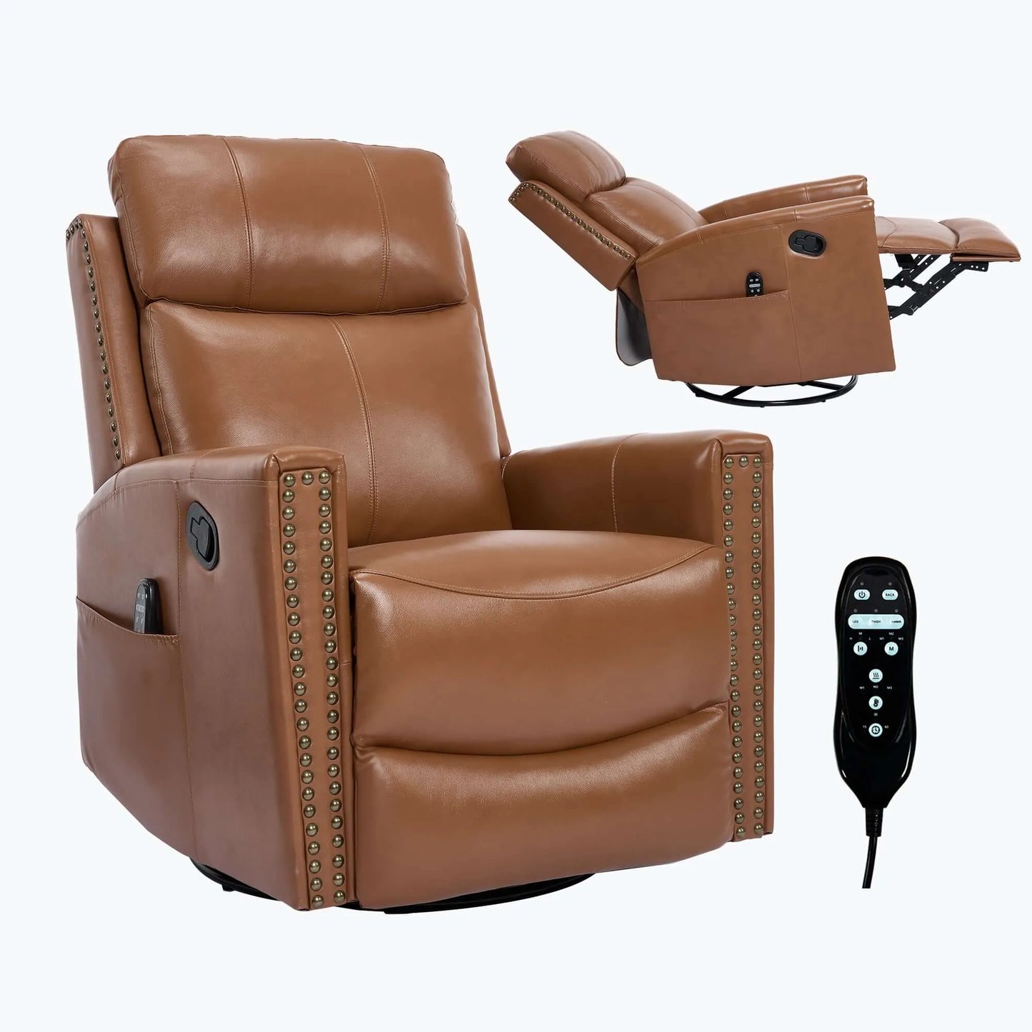 Brown leather recliner chair with remote control on a white background