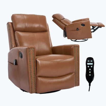 Brown leather recliner chair with remote control on a white background