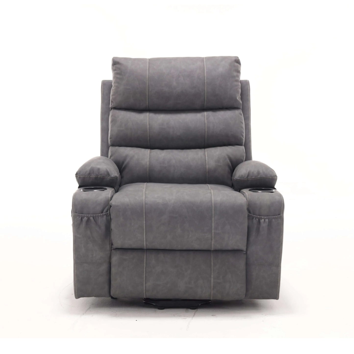 Gray faux leather power lift recliner with wide seat, padded arms, and sleek silhouette—built for cozy lounging and modern living, on white background.